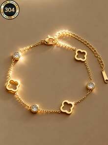 1件女士时尚精致四叶草锆石不锈钢手链，适合日常佩戴、参加派对、母亲节礼物 - B款 - 查看 2