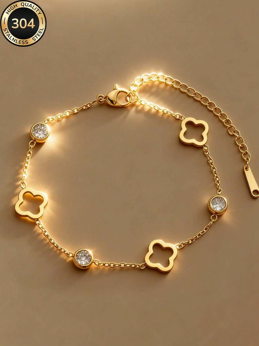 1件女士时尚精致四叶草锆石不锈钢手链，适合日常佩戴、参加派对、母亲节礼物