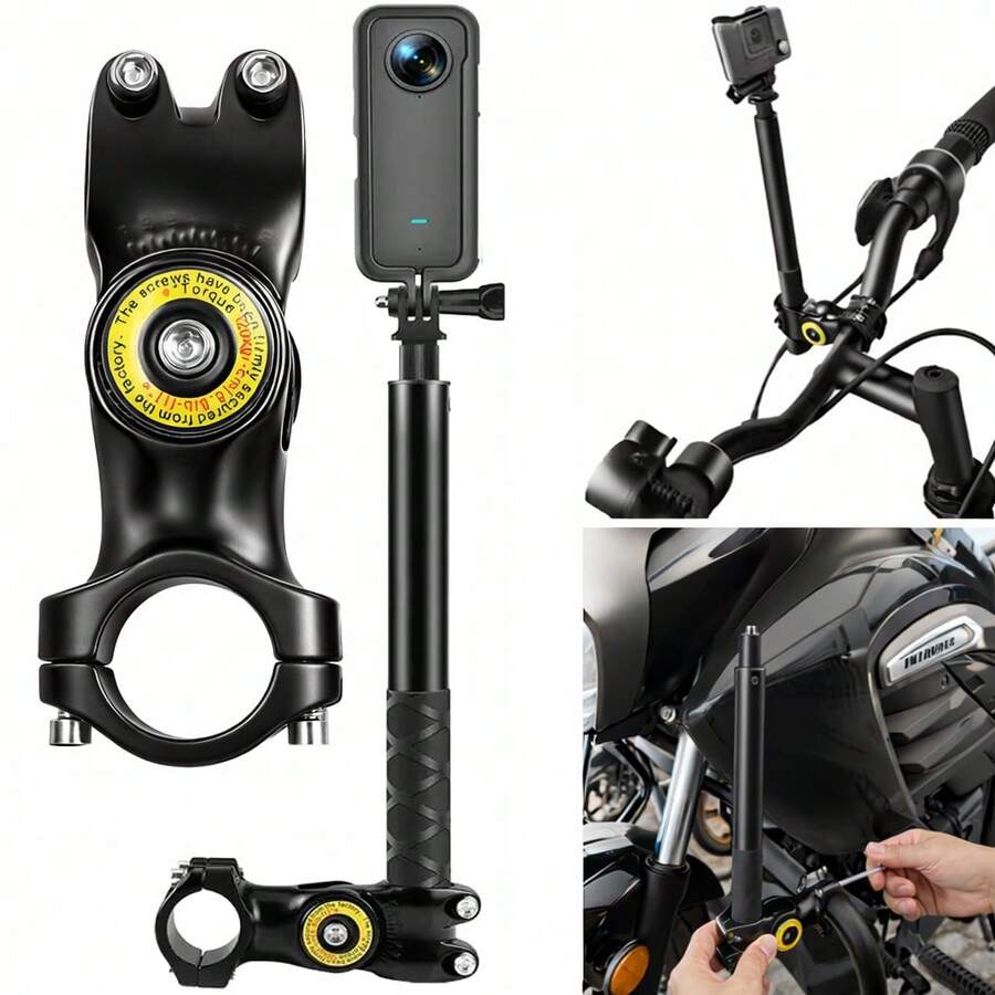 自行车车把支架，带可调节延长杆和 1/4 英寸适配器，适用于运动相机，第三人称视角自行车相机支架，兼容 Hero 13 12 11 10 9 8、X5 X4 X3 ONE RS GO 系列，稳定的骑行相机支架，适用于山地车骑行 Vlog。
