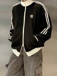adidas originals TRACK TOP KNIT男女款品牌logo三條紋華夫格立領運動寬鬆長袖夾克KC2619 - 黑色 - 查看 1
