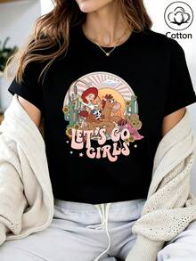 Disney Loose Fitting "LET'S GO GIRLS" Western Denim Style Printed T-Shirt From Toy Story, Suitable For Summer And Spring, Short Sleeved Tops, Women's Clothing, Holiday Gift Party Clothing. - màu đen - Xem 1