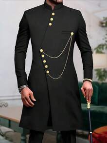 Men's Casual Long-Sleeved Two-Piece Suit, Mid-Length Top And Trousers - 黑色 - 查看 4