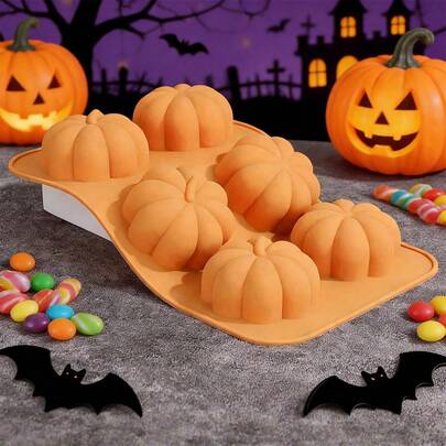 6孔硅胶南瓜模具，万圣节丰收3D软糖模具，可用于DIY布丁、巧克力糖、甜点软糖、手工皂、香薰蜡烛、石膏聚合物粘土冰块、烘焙托盘、蛋糕装饰用品、烘焙用品、厨房用品
