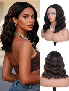 Brown Highlight Short Water Wave Bob Wig Synthetic T-Part Lace Front Wig For Effortless Styling - Brown Highlight - View 2