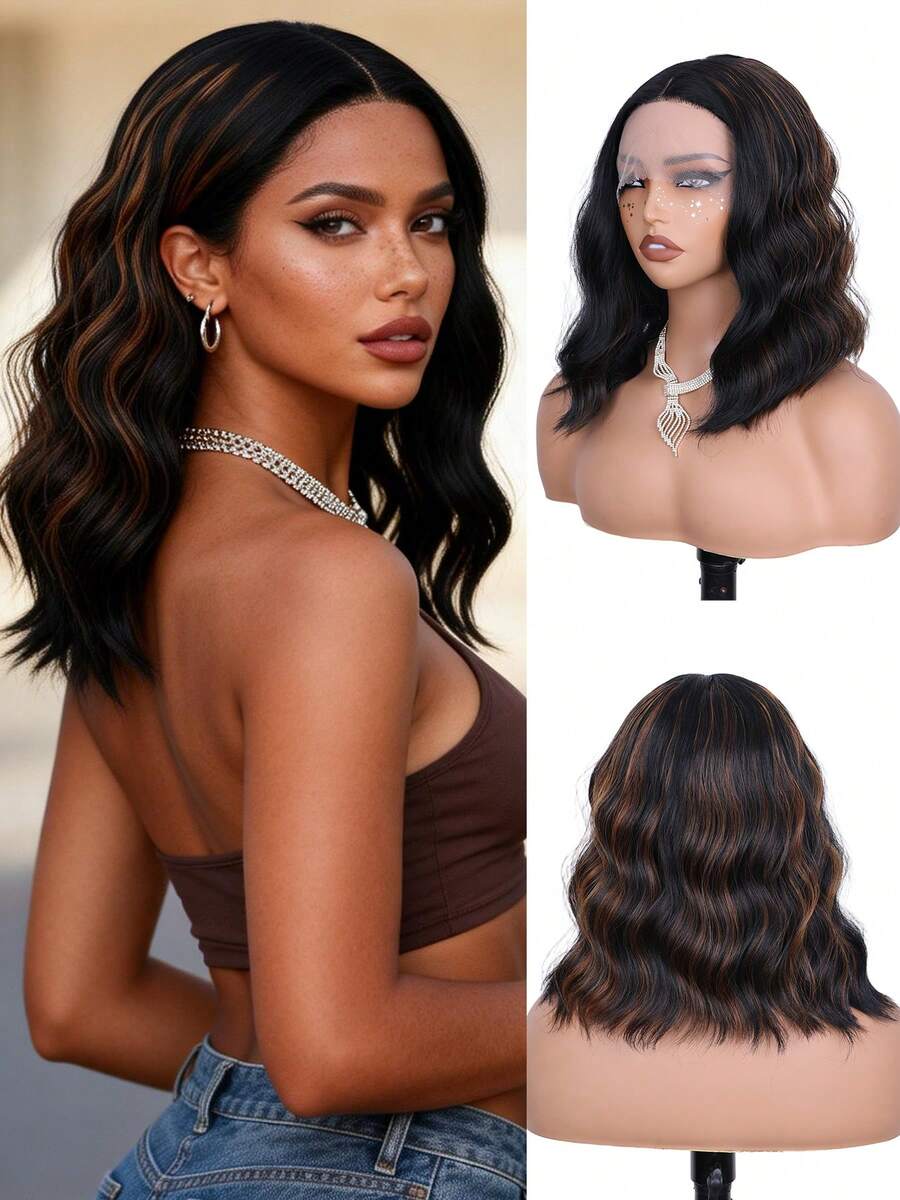 Brown Highlight Short Water Wave Bob Wig Synthetic T-Part Lace Front Wig For Effortless Styling