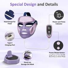 LED Face Mask Red Light Therapy For Face, Blue Light Acne Care, 180 LED Facial Mask With Eye Heat, Electric Face Mask With Charging Stand For Home Skincare, Purple Beauty Device - 美規A型插(110-127V) - 查看 2