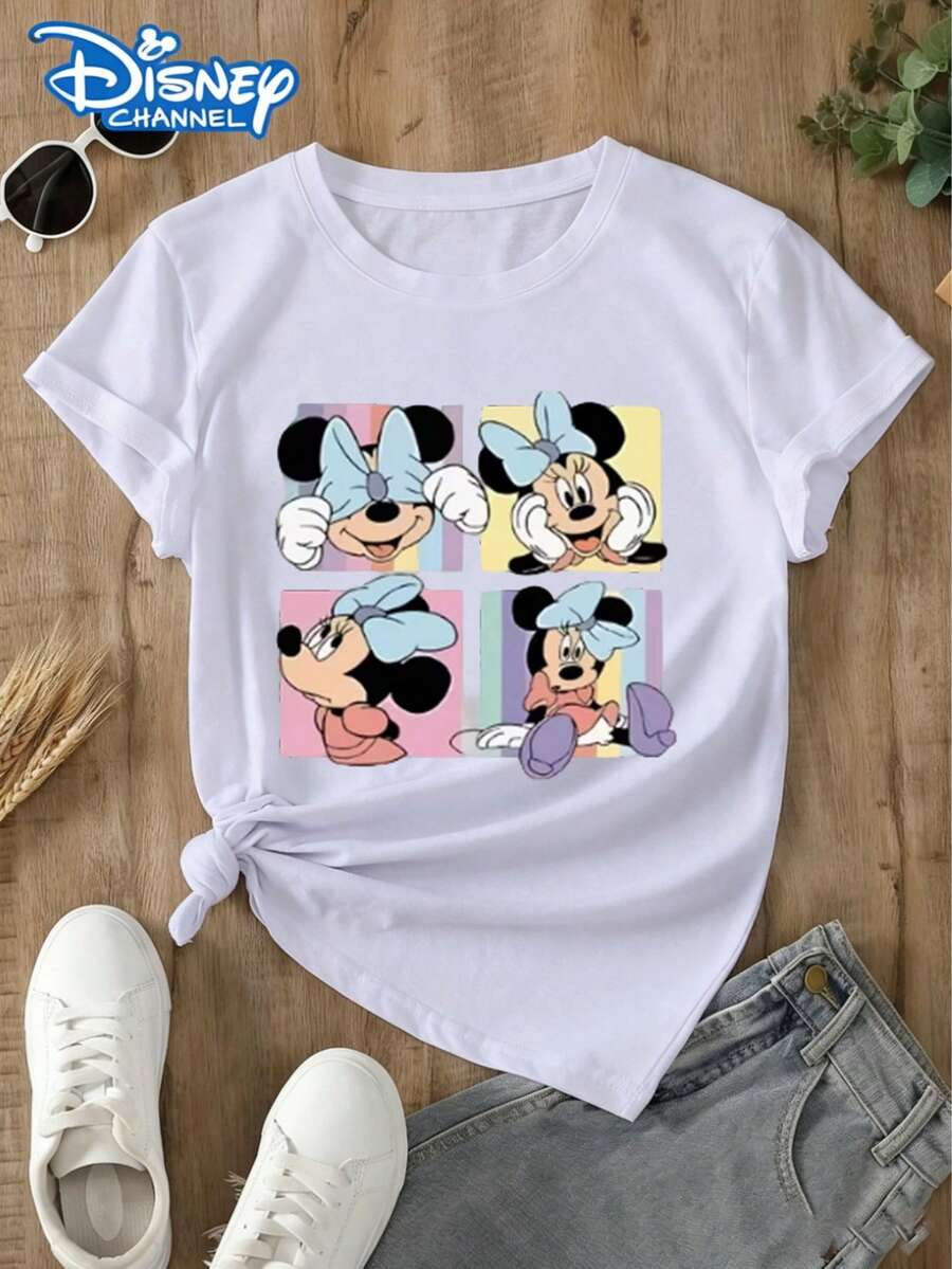 This Disney Women's T-Shirt Features A Four-Panel Comic Strip Of Minnie Mouse Expressions On The Front, Including Covering Her Eyes, Resting Her Chin On Her Hand, Showing Her Profile, And Swinging Her Leg, Giving It A Lively And Girly Feel. Suitable For Everyday Commutes And Disneyland Photo Opportunities. Made From Soft, Comfortable, And Durable Fabric, This Spring/Summer Women's Crew Neck T-Shirt Is Perfect For Everyday Wear-Shopping, Parties, Travel, Or Gatherings. It Also Makes A Lovely Gift. - White - View 1