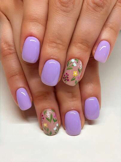 24 korta fyrkantiga pressade naglar, designade med mönster lämpliga för vår- och sommarsäsonger / söta (söta lila, enfärgade, blommor, tulpaner, stjärnblommor) designer. Lila lösnaglar, eleganta och söta korta naglar, lösnaglar, lämpliga för kvinnliga fester, danser, daglig användning, fotografering, utflykter och andra tillfällen! Nageldekoration, nageltillbehör! Förbättra din elegans