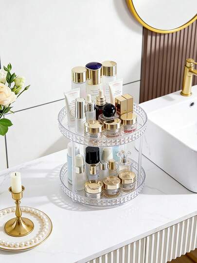 Luxury Rotating Makeup Organizer, Transparent Acrylic Cosmetic Storage Box & Display Rack, 1/2 Tier Vanity Tray, Slouchy Susan, Suitable For Home, Bathroom, Vanity, Office Desk, Decorative Gift For Women
