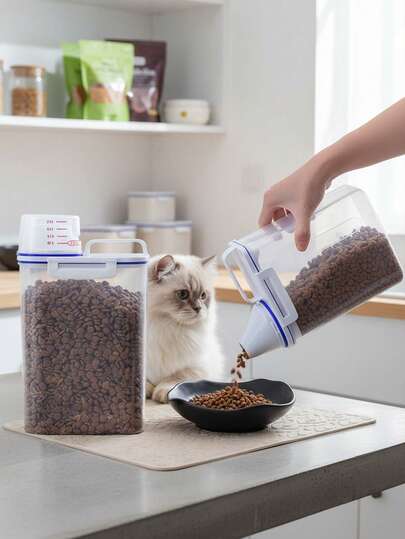 Pet Food Storage Container, Cat Food Storage Bin, Dog Food Storage, Airtight Sealed Pet Food Storage Canister With Measuring Cup, Cat Supplies, Portable Travel Pet Food Dispenser, For Small Animal Food Storage, Suitable For Cat Food, Dog Food, Pet Food