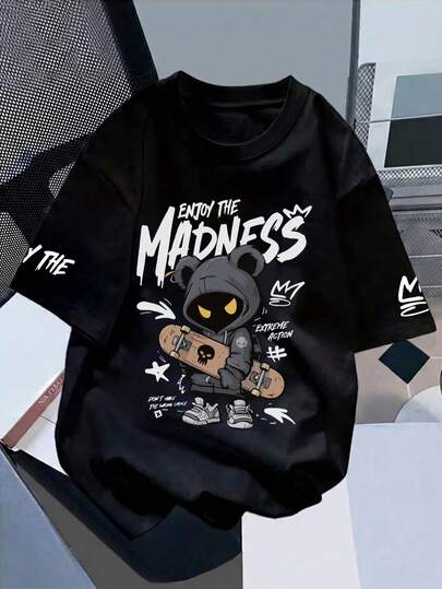 1 pieza Camiseta de manga corta con estampado de oso de estilo callejero europeo y americano para niños, top de cuello redondo con letras geniales de tono oscuro, estilo de monopatín/casual deportivo/atuendo escolar
