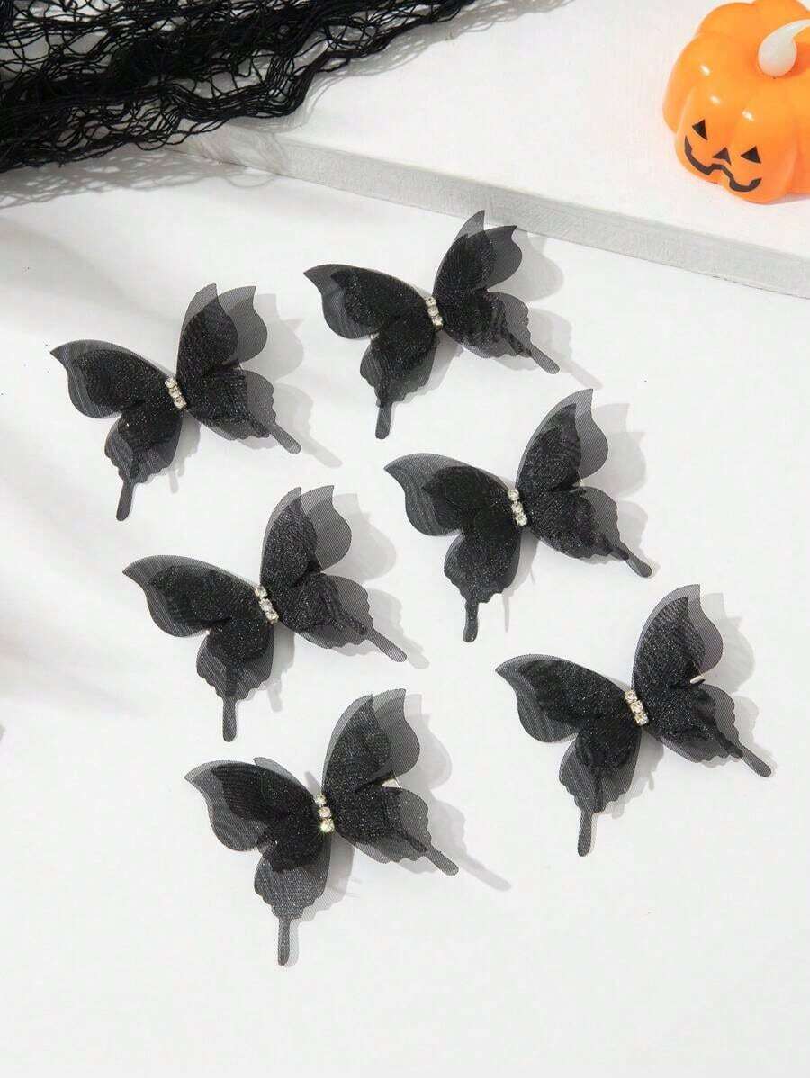 6pcs Lace & Rhinestone Layered Butterfly Hair Clips Claw Clips Hair Claws Hair Barrettes, School Stuff, Halloween Accessories, Looks Of Party, Hair Accessories, Head Accessories - 多色 2 - 查看 1