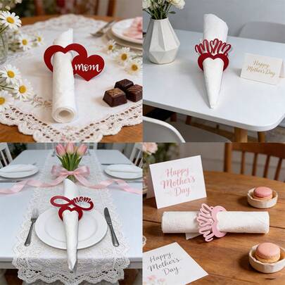 6/120pcs Heart-Shaped Napkin Rings With A Mother's Day Theme Are Perfect For Dining Tables, Banquets, Bridal Showers, Romantic Table Decorations, And Elegant Table Settings.