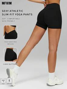 Quần short thể thao nữ MFVIM, mùa xuân/hè, thiết kế cạp chéo với dây thun tự điều chỉnh giúp tôn dáng vòng eo, dáng ôm, kiểm soát vùng bụng, chất liệu mềm mại, thoáng khí và co giãn, thích hợp cho thể thao thường ngày, chạy bộ, yoga và tập thể dục. - màu đen - Xem 2