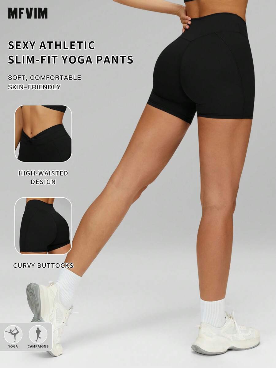 Quần short thể thao nữ MFVIM, mùa xuân/hè, thiết kế cạp chéo với dây thun tự điều chỉnh giúp tôn dáng vòng eo, dáng ôm, kiểm soát vùng bụng, chất liệu mềm mại, thoáng khí và co giãn, thích hợp cho thể thao thường ngày, chạy bộ, yoga và tập thể dục.