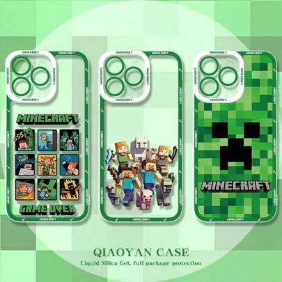 1个Minecraft手机壳，苦力怕/游戏角色液态硅胶防震全包保护壳，兼容苹果系列，游戏风格