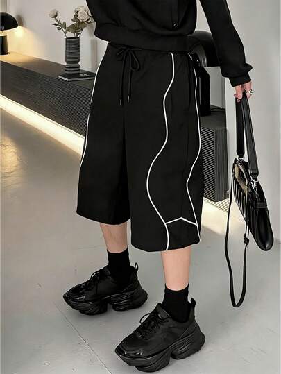 Men's Black 7/10 Length Shorts With White Contrast Stripe Drawstring Waist, Casual & Fashionable