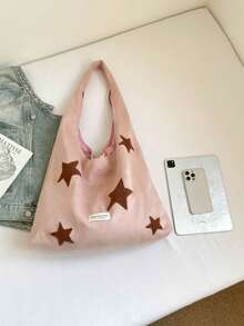 星形印花手提包，少女粉色单肩包，休闲大容量腋下包 - 粉色 - 查看 5