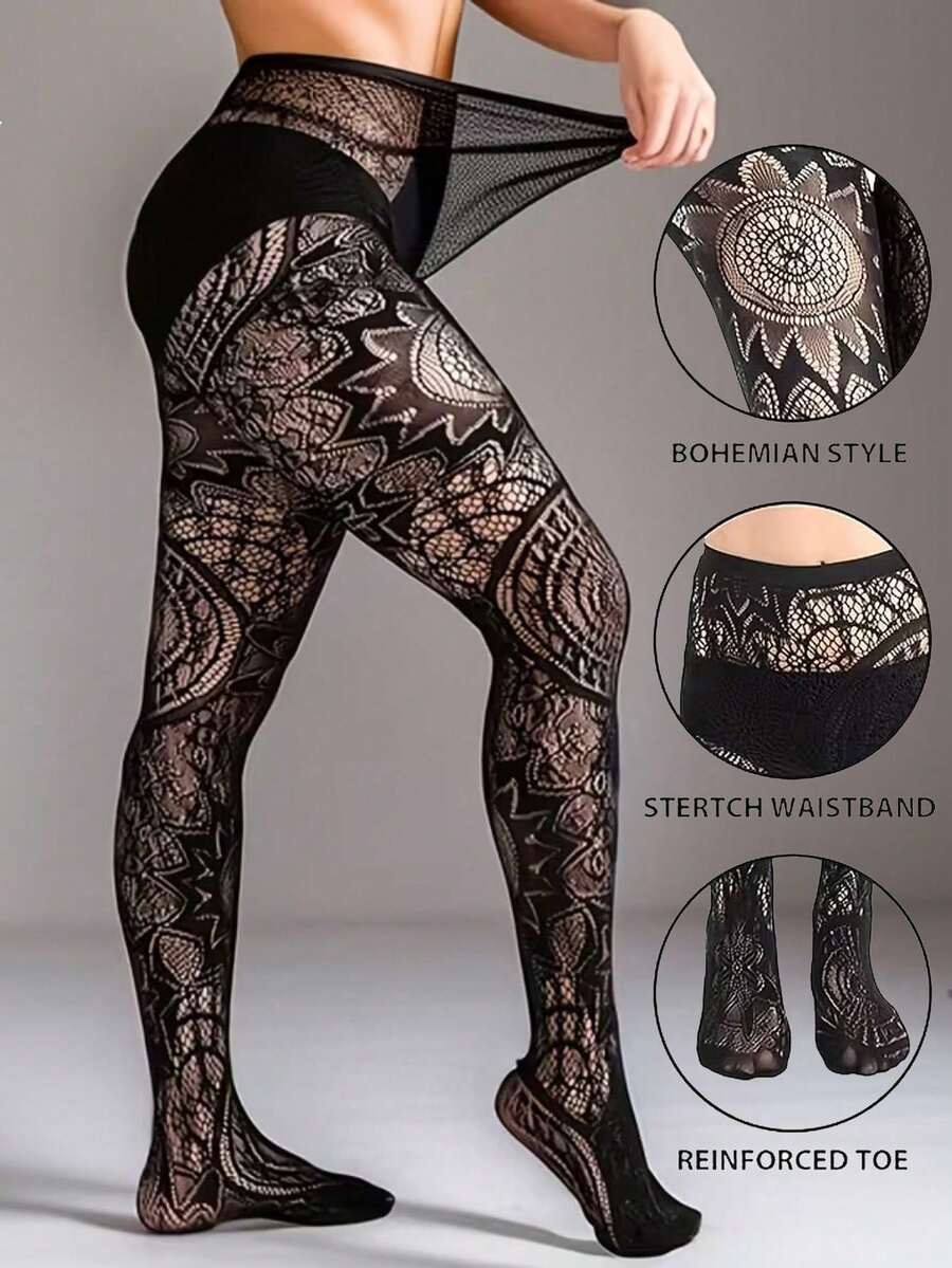 Retro Tattoo Sexy Black Hollow Pattern Jacquard Stirrup Tights, Fishnet Pantyhose For Women - Black - View 1