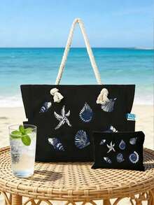 Lebendiges tropisches Muschel- und Seestern-Muster Tragetasche Set, Schultertasche mit großer Kapazität und passendem Clutch, Boho Ozean-Motiv Strandtasche, leichte Sommer-Urlaubstasche für Frauen, wiederverwendbare Einkaufstasche für Pendeln, Einkaufen, Strand, Picknick, Camping, Fitness, Reisen und Arbeit - Verschiedenfarbig - Übersicht 5