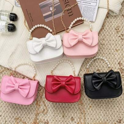 Mini Flip Cover PU Korean Style Girls' Bag, Fashionable Solid Color Cute Bow Sweet Flip Cover Princess Mini Bag Accessory Coin Purse, Suitable For Various Occasions, Pearl Handbag Small Square Bag, Lightweight And Versatile, Suitable For Outdoor, Play, Commuting, A Perfect Gift For Friends