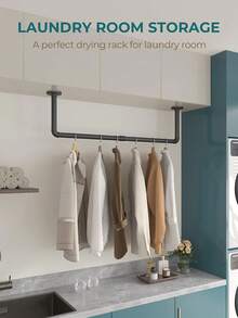 1pc 36-Inch Industrial Pipe Wall Mounted Garment Rack, Heavy Duty Black Hanging Closet Rod, Suitable For Bedroom, Entryway, Laundry Drying, Retail Clothing Display - Black - View 4