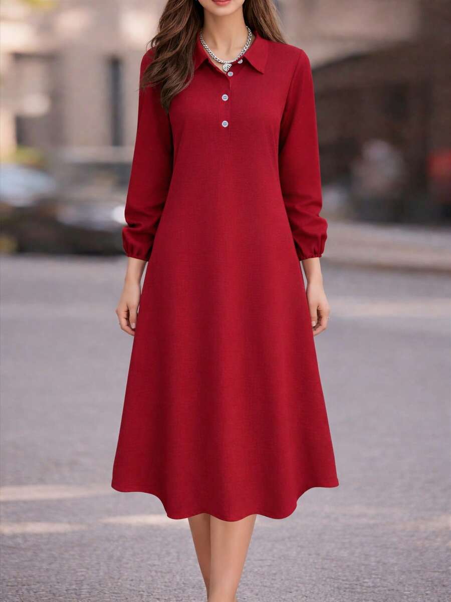 Đầm sơ mi nữ thời trang thường ngày, cổ bẻ, cài nửa khuy, tay phồng chun, dài đến đầu gối. - Đỏ - Xem 1