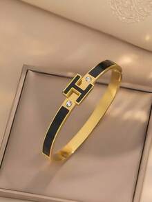 1pc 18K Gold Plated Enamel Letter H Bracelet, Stainless Steel Couple Bangle, Best Gift For Women On Valentine's Day, Mother's Day, Christmas, Graduation, Wedding (No Gift Box) - Letter H - View 13