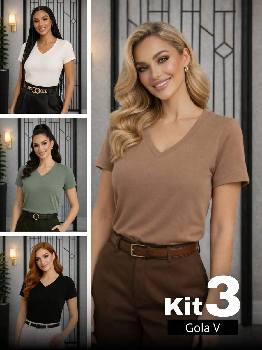 Set Of 3 Women's Plain V-Neck Short-Sleeve Basic Premium Knit Blouses - Size G00 - Multicolor - View 1