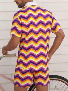 Bộ đồ nam phong cách nghỉ dưỡng, họa tiết sóng biển, tay ngắn và quần short. - Nhiều màu - Xem 3