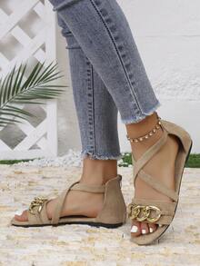 Sandales plates noires à effet daim croisées pour femmes, avec chaîne décorative, bout ouvert, fermeture éclair arrière, chaussures respirantes pour tenues de fête & quotidiennes d'été - Kaki - Voir 3