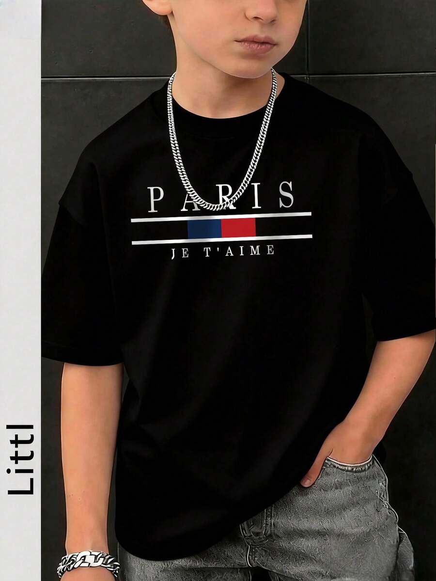 Tween Boys Casual Printed Short Sleeve T-Shirt With Round Neckline, Summer - Black - View 1