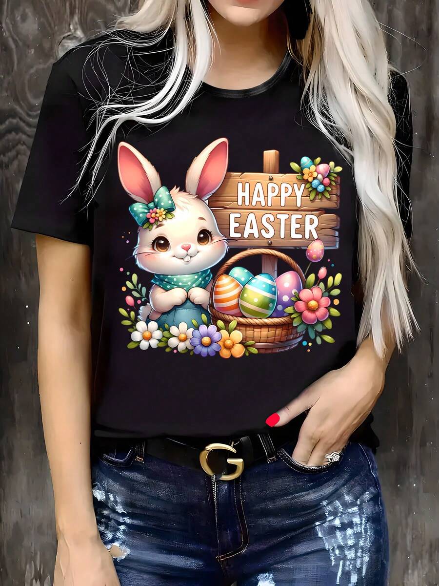 Women's "Happy Easter" Pattern T-Shirt - Casual Black T-Shirt With Cute Bunny And Colorful Egg Designs, Short Sleeves, Round Neck, Comfortable Knit Fabric, Suitable For Spring And Summer, Casual Wear | Joyful Prints | Elastic Knit Anti-Wrinkle Cotton T-Shirt - 黑色 - 查看 1