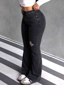 Jeans Acampanados de Alta Elasticidad de Cintura Media con Rotos de Color Negro para Mujer, Pantalones que Levantan las Nalgas - Gris - Ver 4