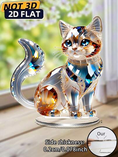 2D Flat, Luxury Crystal Cat Acrylic Desktop Decor - Vivid Blue Eyes Paired With Sparkling Synthetic Gemstones, Perfect Gift For Valentine's Day And New Year. Suitable For Home, Office, Bedroom And Store Display, Can Be Used In 11 Holiday Scenarios. 2D Halloween And Christmas Decorations, 2D Flat Design