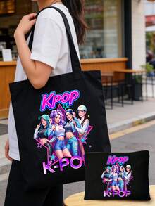 K-POP帆布手提袋，印有“K-POP”字样和酷炫女偶像图案，大容量单肩手提包，手绘插画单肩包，粉丝周边礼品，通勤购物袋，可折叠大容量休闲杂货袋，时尚场合包，赛博朋克风格单肩包，适合旅行、演唱会、粉丝活动、派对、日常使用，是生日礼物、偶像周边、节日礼物、演唱会礼物的理想之选。 - 彩色 - 查看 3