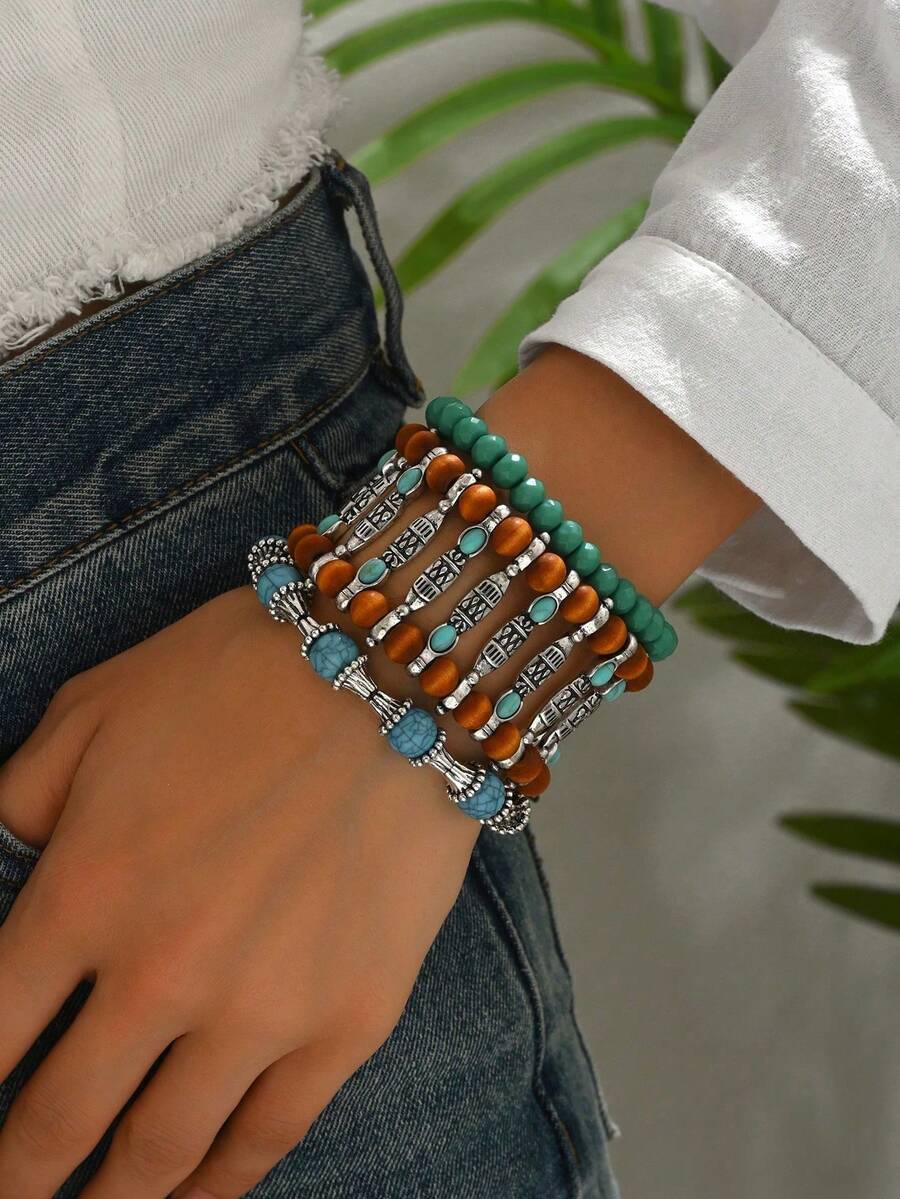1 Set Artificial Turquoise Beaded Bohemian Style Bracelet Set - Style 10 - View 1