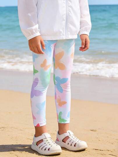 1pc Girls' Cute Butterfly Print Colorful Tight Leggings, Made Of Breathable Chiffon Fabric, Suitable For Spring/Summer Outdoor, Beach Wedding And Other Occasions