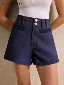 Quần short denim cạp cao màu chàm Aliao, quần short ôm sát gợi cảm phong cách retro mùa hè, quần short có túi, trang phục đa năng phong cách bohemian cho lễ hội âm nhạc, bãi biển dành cho nữ. - Màu xanh hải quân - Xem 7