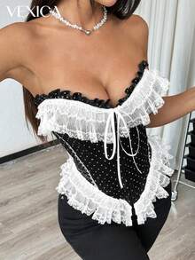 Vexica 女士法式波点性感蕾丝边荷叶边吊带背心，系带设计，适合毕业典礼和派对穿着 - 黑色 - 查看 9