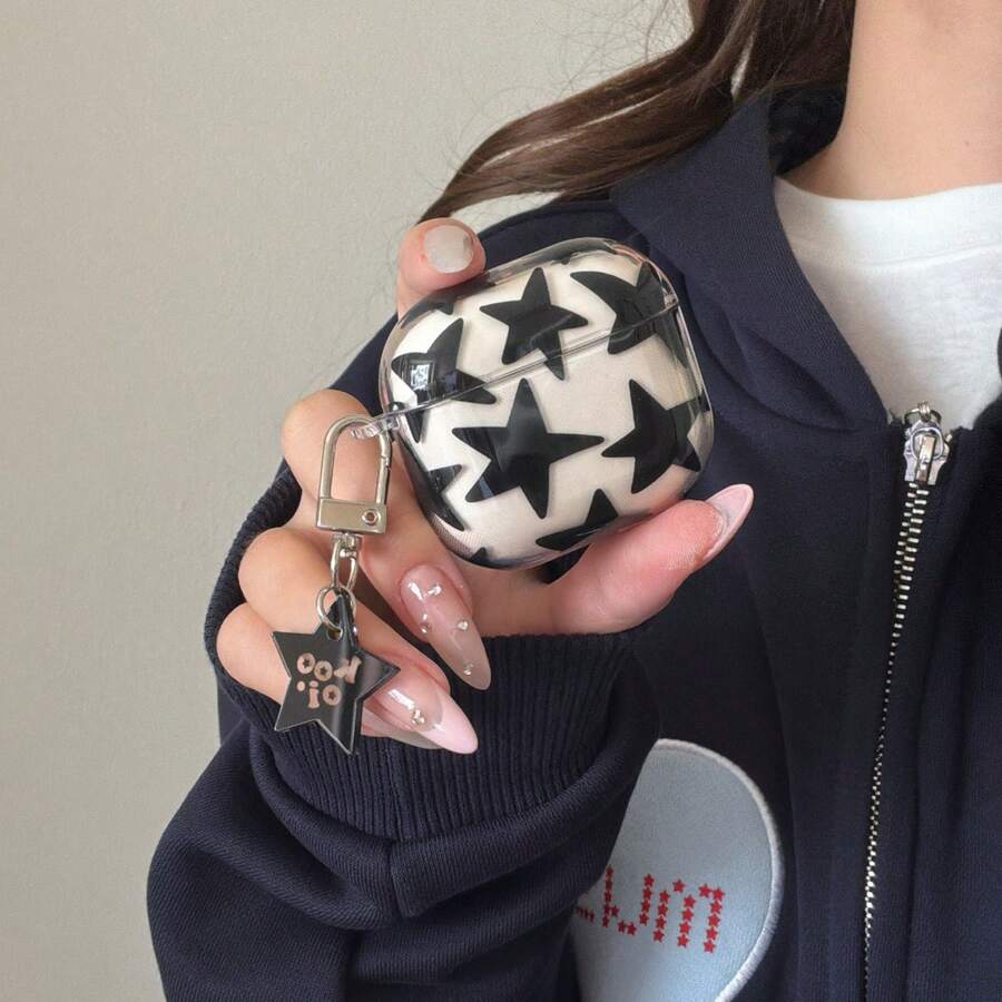 简约优雅透明黑色星星吊坠耳机保护套，适用于 Pro 2、可爱 Apple 4 简约 3 新款半代女士耳机保护套