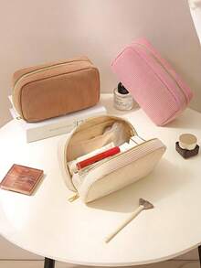 1个/3个装高品质灯芯绒化妆包，便携大容量拉链收纳袋，女士旅行化妆品整理包，假日必备，节日礼物 - 彩色 - 查看 3