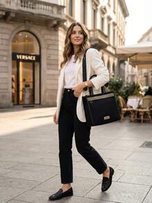 Versace 1pc Black & Gold Tone Slanted Cosmetic Bag, Large Capacity Shoulder Makeup Storage Bag 24*25*12cm With Pockets, Versatile Travel & Daily Use Bag, Fashionable Luxury Cosmetic Pouch - Multicolor - View 10