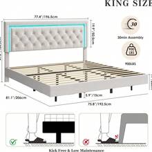 Cama Flotante para El Hogar, Cama Tapizada con Plataforma y Cabecero En Forma de Rombo, Soporte De Listones de Madera Maciza, No Necesita Somier, Silenciosa, FáCil de Montar - REY - Blanco - Ver 2