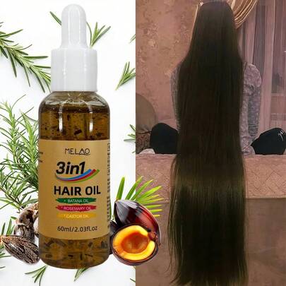 3 In 1 Hair Oil, MELAO Batana Oil, Rosemary Oil & Castor Oil Hair Treatment, For Dry & Frizzy Hair, Tames Frizz, Adds Extreme Shine & Softness, Repairs & Nourishes, With Natural Aroma, 60ml/2.03fl.Oz