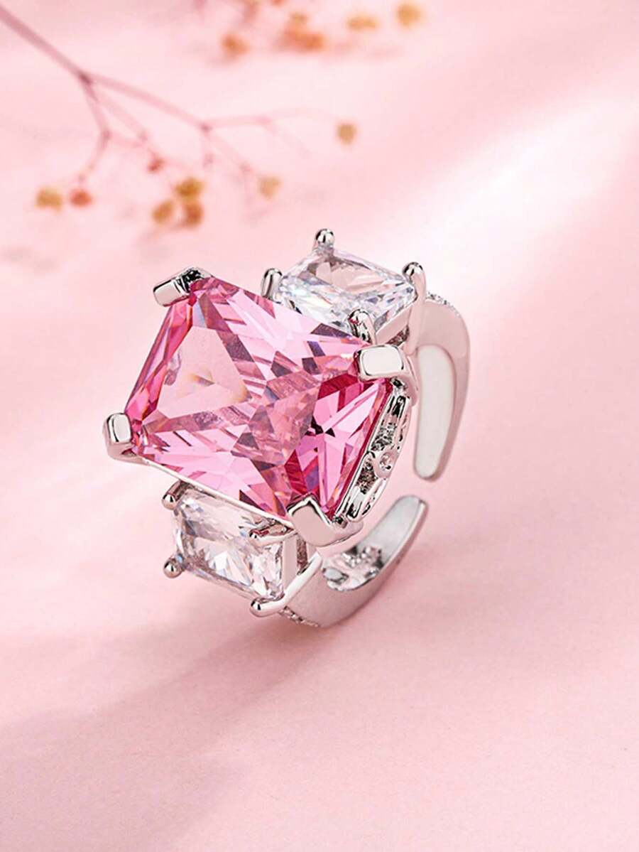 Elegant 4-Prong Pink Synthetic Cubic Zirconia Geometric Adjustable Ring, Jewelry Gift For Women - Pink - View 1