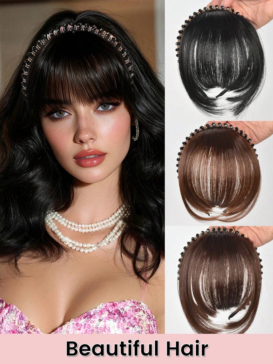 人造水钻发箍刘海接发假发，两侧较长，适合女性，自然黑色棕色刘海