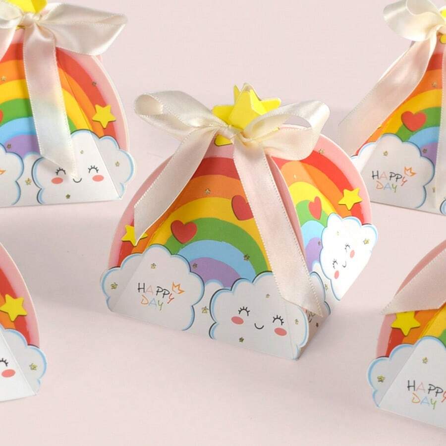 10pcs/Set Rainbow Print Polyester Bow Gift Box, Cute Foldable Paper Gift Packaging Set Suitable For Various Occasions, Children's Day - Multicolor - View 1