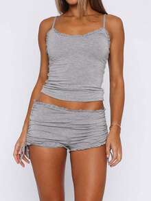 女士夏季休闲纯色针织吊带背心和短裤两件套 - 花灰色 - 查看 5