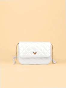 1pc Girls' Iridescent Glitter Quilted Plaid Chain Flap Crossbody Bag, Fashionable & Sweet For Daily Use - White Gloss - View 8